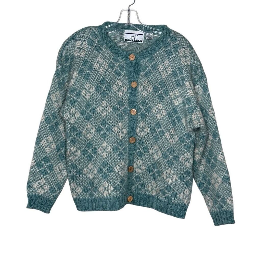 Vintage Accordeon Blue Long Sleeve Cardigan Sweater Size M Argyle Knitted Y2K